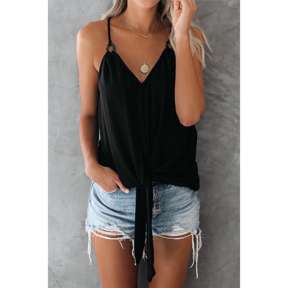 Black Quicksand Spaghetti Strap Tank Top with Tie Detailing - Picture 3 of 9